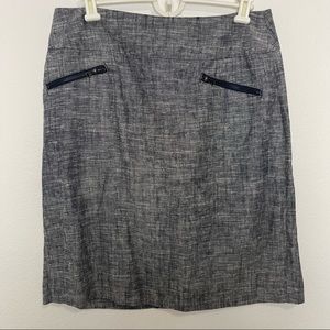 Sandro Chambray Linen Pencil Skirt Navy Grey Pockets